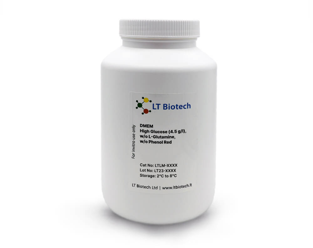 DMEM High Glucose (4.5 g/l), w/o L-Glutamine, w/o Phenol Red